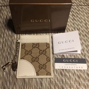 Gucci card holder- white leather trim and canvas